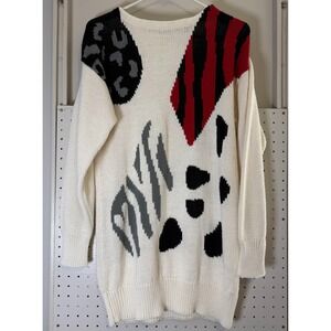 Duet Sweater Women's Medium Ivory Animal Print Round Neck Long Sleeve‎ Oversized
